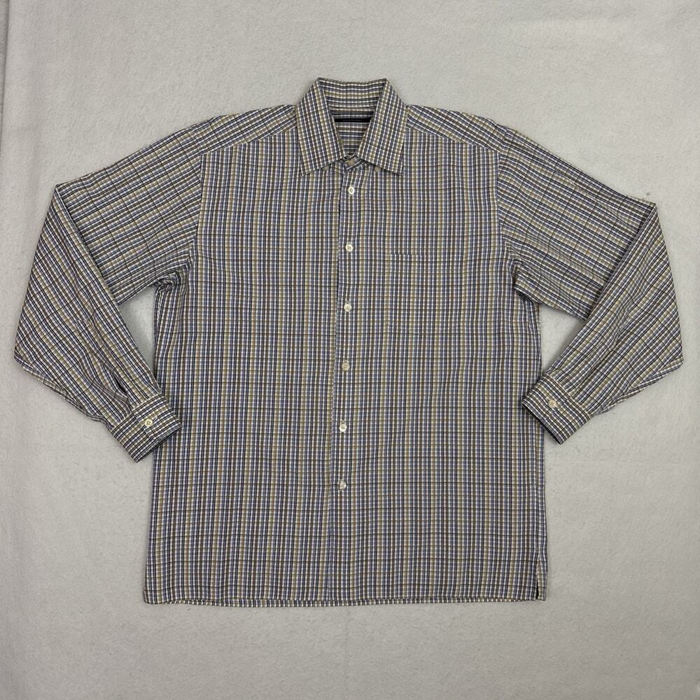 Ermenegildo Zegna Dress Shirt Mens XL Blue Brown Plaid Button Front Cotton - Picture 3 of 11